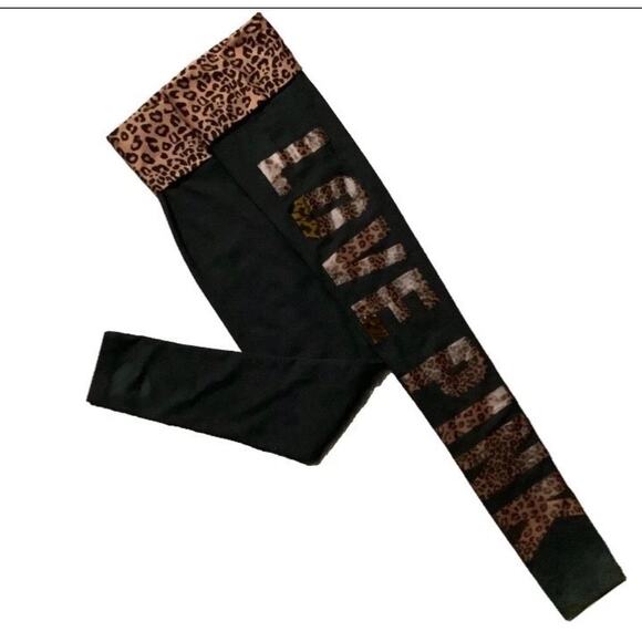Pink Pants - Victorias Secret PINK Leggings M Black Foldover Waistband Leopard Print Y2K EUC